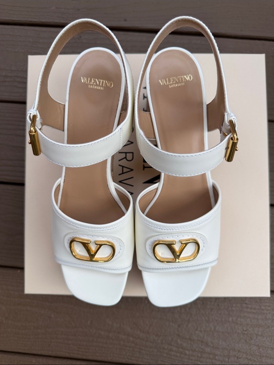 Valentino Garavani Shoes - Valentino Garavani White Leather Logo Slingback Sandals with Gold Hardware